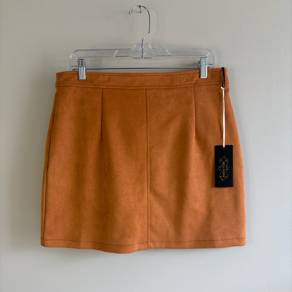 Bellivera Faux Suede Mini Skirt XL Camel Brown Zip Back NWT